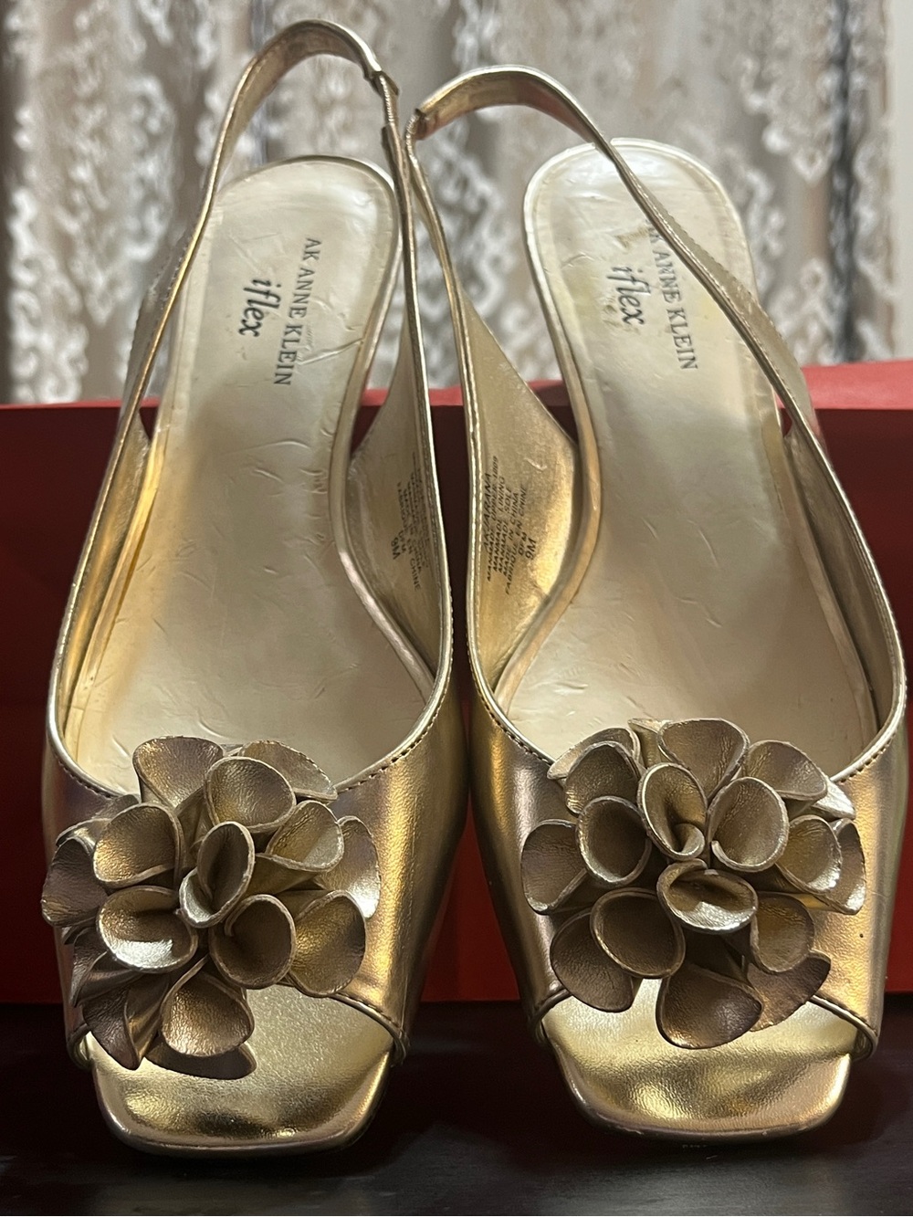 AK Anne Klein Gold Floral Peep-Toe Slingback Mules